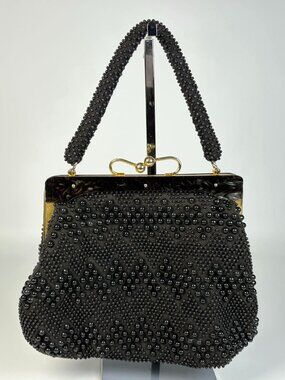 Vintage Black Bubble Bead Handbag Purse Faux Tortoise Shell & Metal Frame
